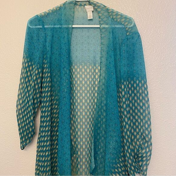 Chico's Blue Teal Green Sheer Open fairy Kimono Coverup cardigan top 2 L 12 - Picture 2 of 10